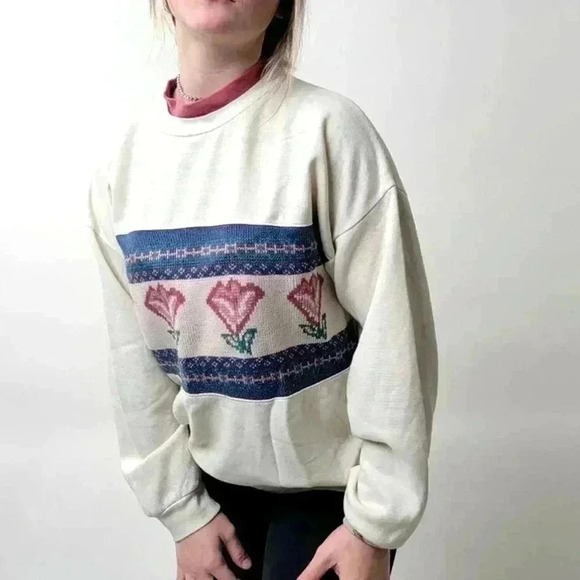 Vintage 90s Floral Cottagecore Chunky Knit Sweatshirt - S - Picture 3 of 6